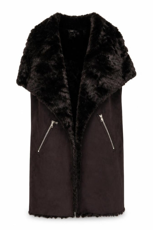 Front view of F&F Women’s Brown Faux Fur Lined Sleeveless Waistcoat, size UK 10
