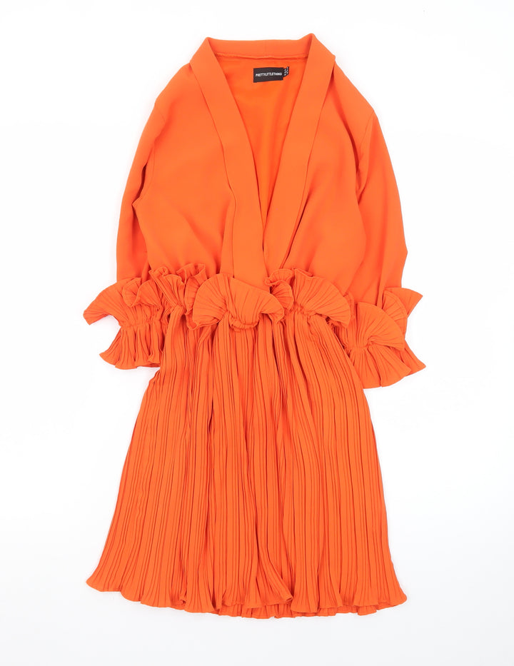 PrettyLittleThing Women’s Orange Wrap Ruffle Party Dress Size 4