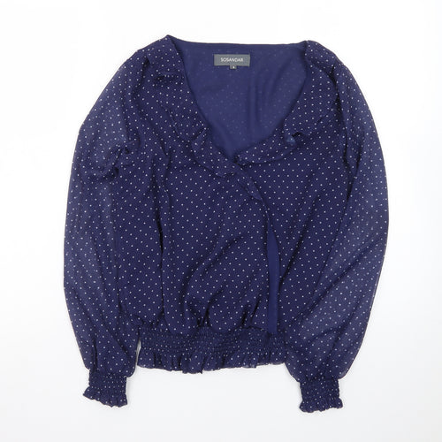 Sosandar Women's Blue Polka Dot Wrap Ruffle Blouse Size 8