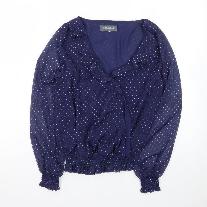 Sosandar Women's Blue Polka Dot Wrap Ruffle Blouse Size 8