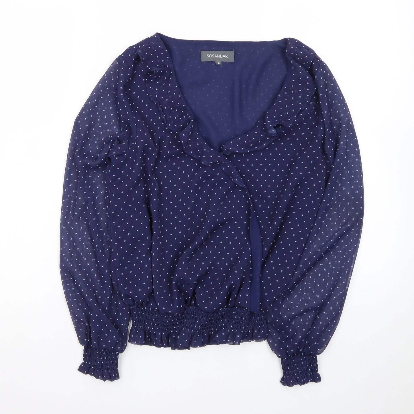 Sosandar Women's Blue Polka Dot Wrap Ruffle Blouse Size 8
