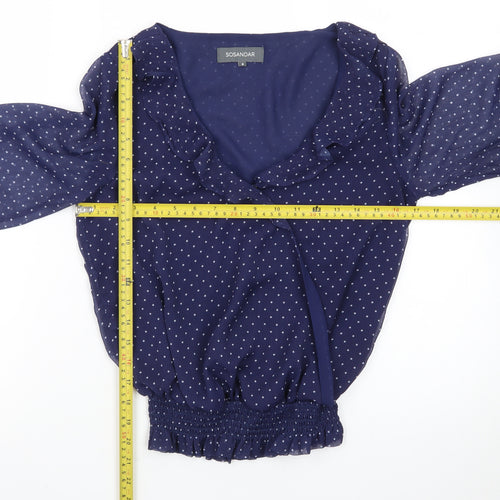 Sosandar Women's Blue Polka Dot Wrap Ruffle Blouse Size 8