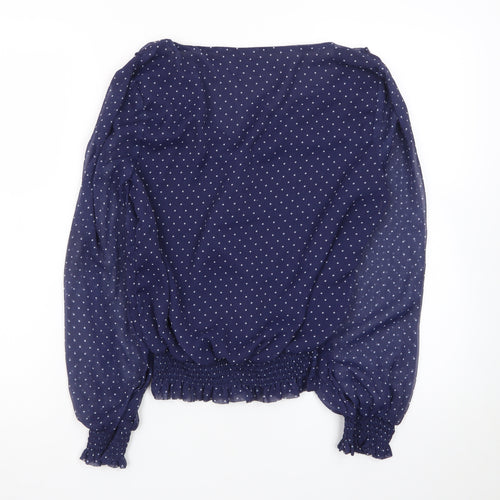 Sosandar Women's Blue Polka Dot Wrap Ruffle Blouse Size 8