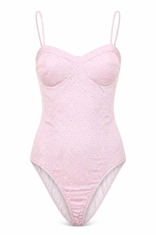 Front view of Zara Women Pink Floral Camisole Bodysuit, size 12 Slim, Fit