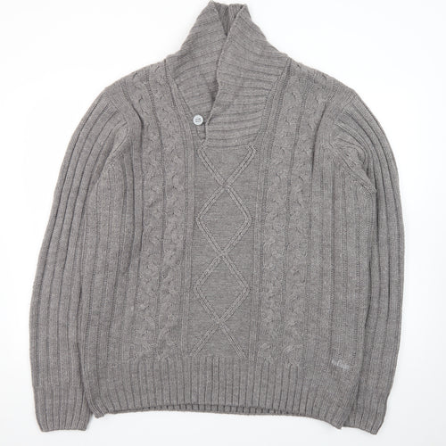 Lee Cooper Men's Grey 2XL Cable-Knit Shawl Collar Jumper