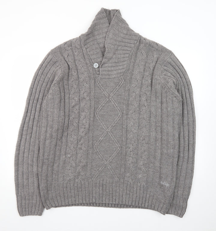Lee Cooper Men's Grey 2XL Cable-Knit Shawl Collar Jumper