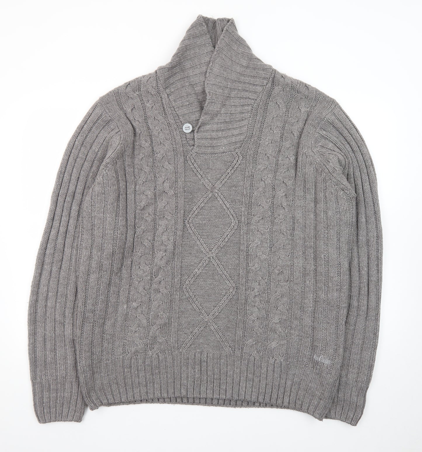 Lee Cooper Men's Grey 2XL Cable-Knit Shawl Collar Jumper
