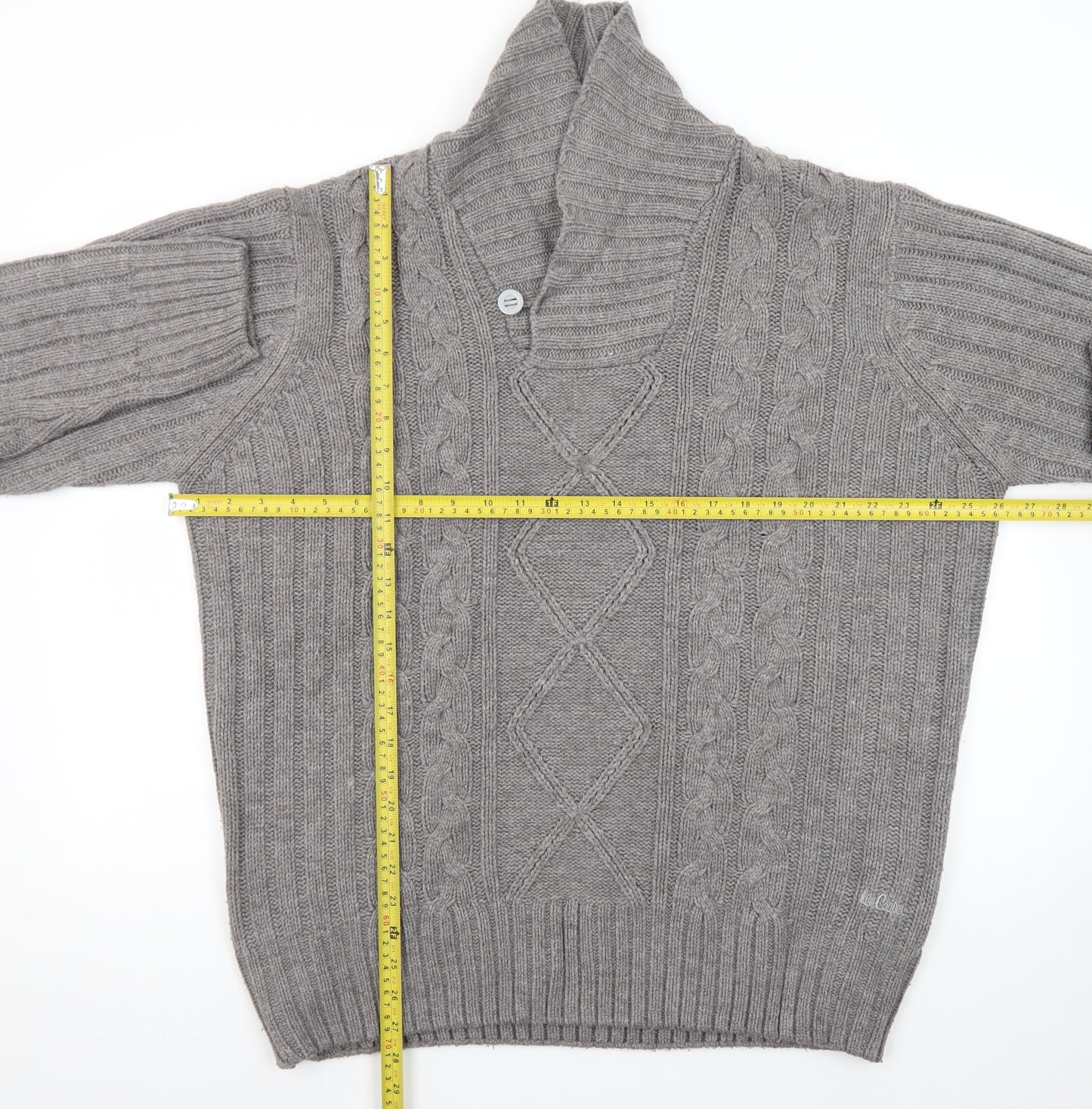 Lee Cooper Men's Grey 2XL Cable-Knit Shawl Collar Jumper