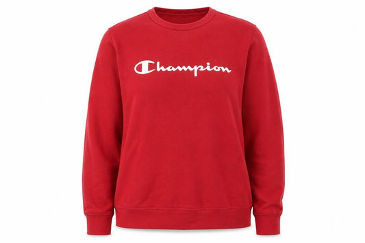 Front view of Champion women’s red crew neck pullover sweatshirt, size L, classic fit