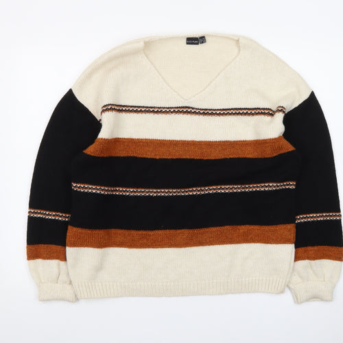 Bodyflirt Women’s Beige Black Brown Striped V-Neck Pullover Jumper M