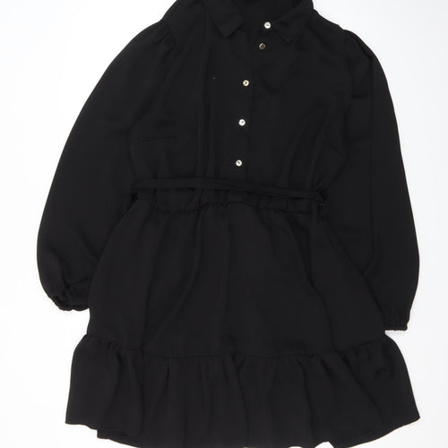 New Look Women’s Black Long Sleeve Collared Ruffle Shirt Dress Size 16