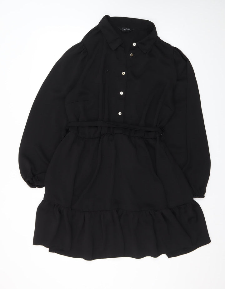 New Look Women’s Black Long Sleeve Collared Ruffle Shirt Dress Size 16