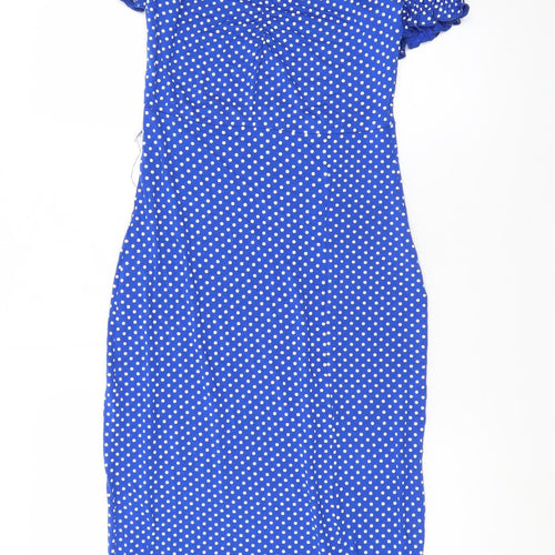 Quiz Women Blue Polka Dot Bodycon Dress Size 10 Short Sleeve