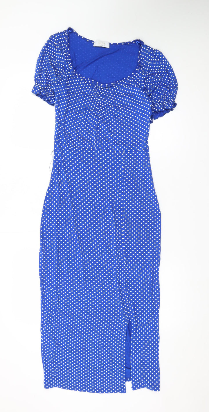Quiz Women Blue Polka Dot Bodycon Dress Size 10 Short Sleeve