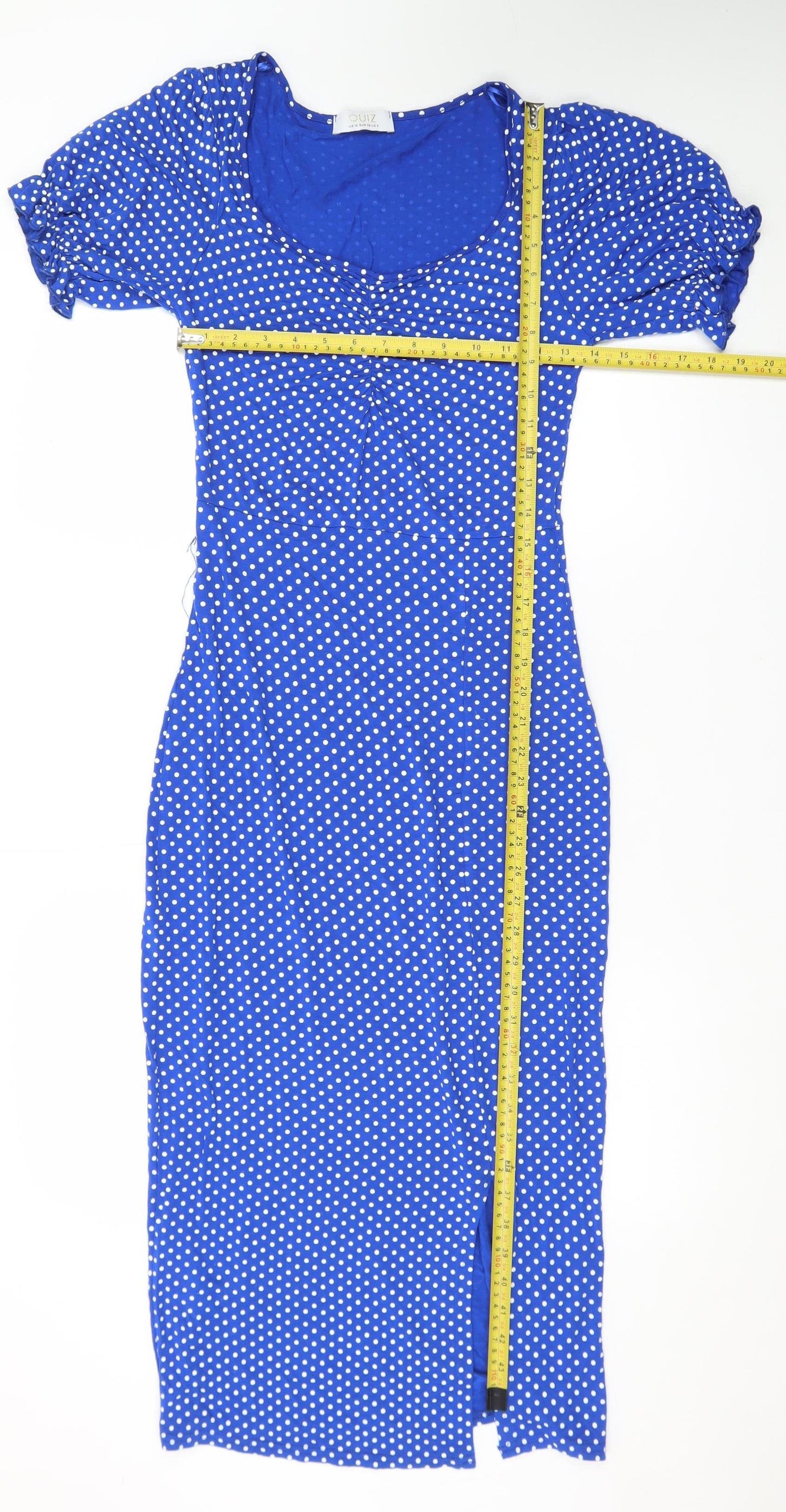 Quiz Women Blue Polka Dot Bodycon Dress Size 10 Short Sleeve