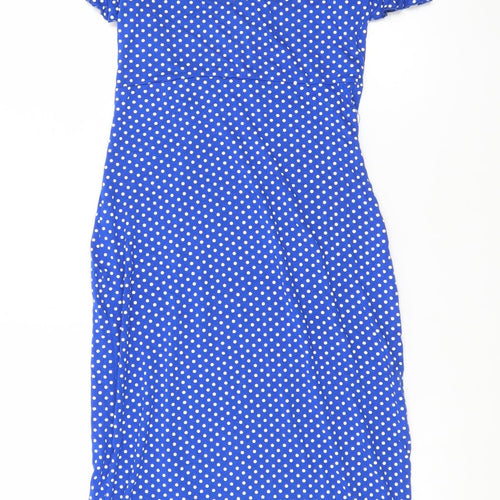 Quiz Women Blue Polka Dot Bodycon Dress Size 10 Short Sleeve