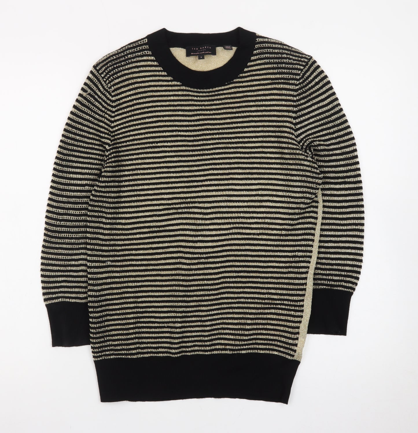 Ted Baker Women's Gold Striped Crew Neck Long Sleeve Jumper Size 12