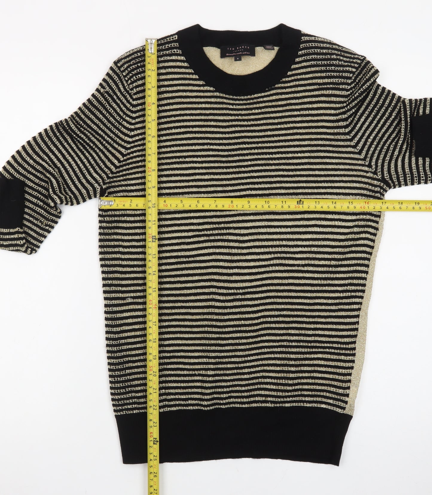 Ted Baker Women's Gold Striped Crew Neck Long Sleeve Jumper Size 12