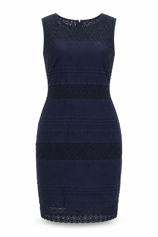 Front view of Monsoon Women Blue Linen Sheath Knee Length Dress, size 12