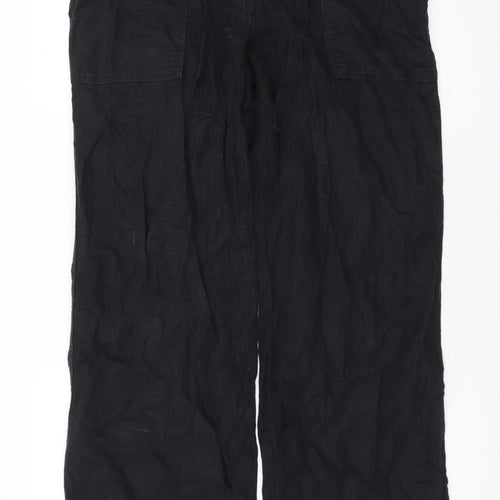 Next Women Black Linen Blend Wide-Leg Trousers Size 12R