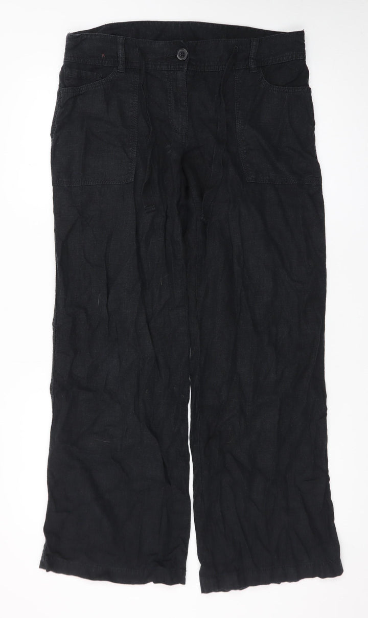 Next Women Black Linen Blend Wide-Leg Trousers Size 12R
