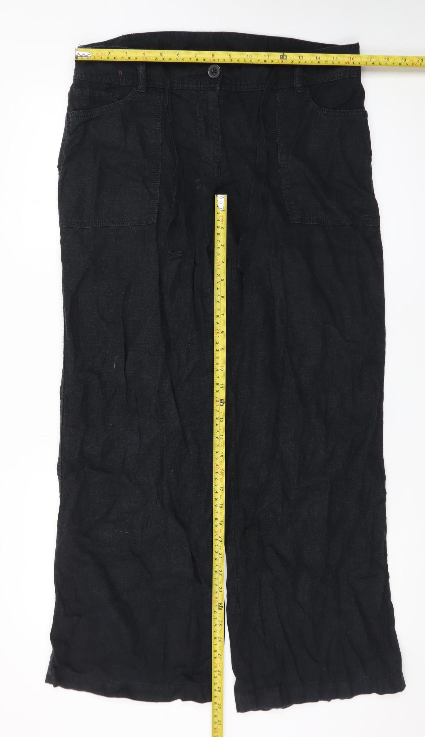 Next Women Black Linen Blend Wide-Leg Trousers Size 12R