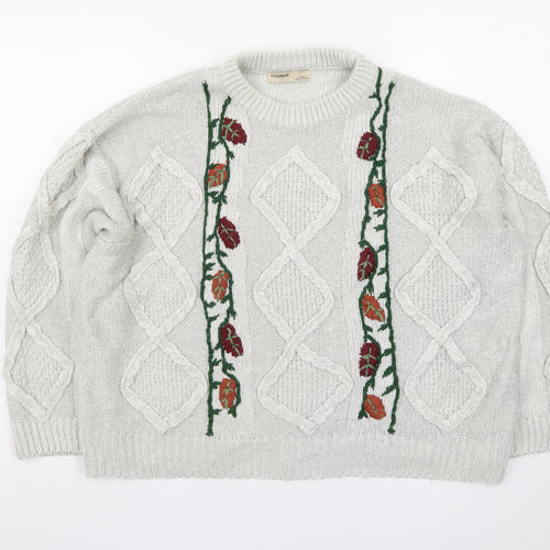 Pull&Bear Women’s Beige Cable-Knit Pullover Jumper Size L Embroidered Floral Autumn