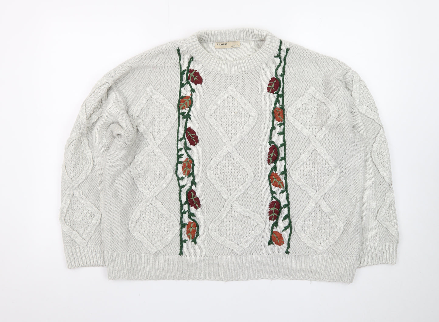Pull&Bear Women’s Beige Cable-Knit Pullover Jumper Size L Embroidered Floral Autumn