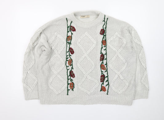 Pull&Bear Women’s Beige Cable-Knit Pullover Jumper Size L Embroidered Floral Autumn