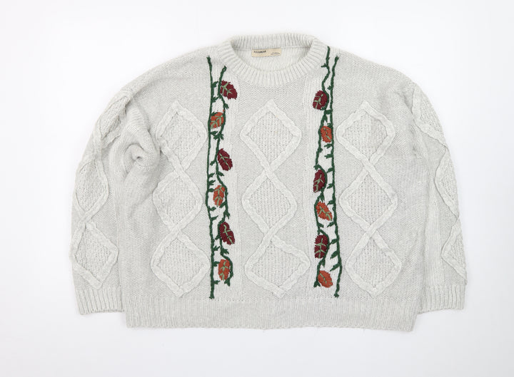Pull&Bear Women’s Beige Cable-Knit Pullover Jumper Size L Embroidered Floral Autumn