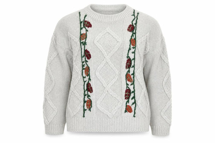 Pull&Bear Women’s Beige Cable-Knit Pullover Jumper Size L Embroidered Floral Autumn