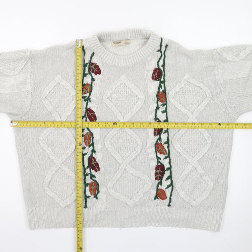 Pull&Bear Women’s Beige Cable-Knit Pullover Jumper Size L Embroidered Floral Autumn