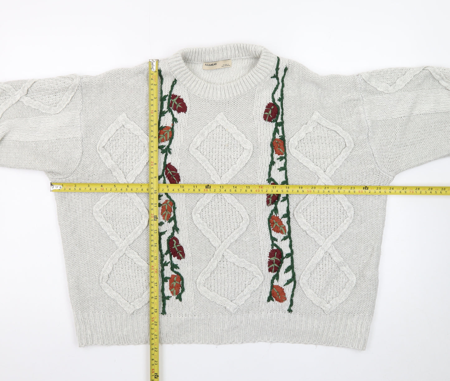 Pull&Bear Women’s Beige Cable-Knit Pullover Jumper Size L Embroidered Floral Autumn