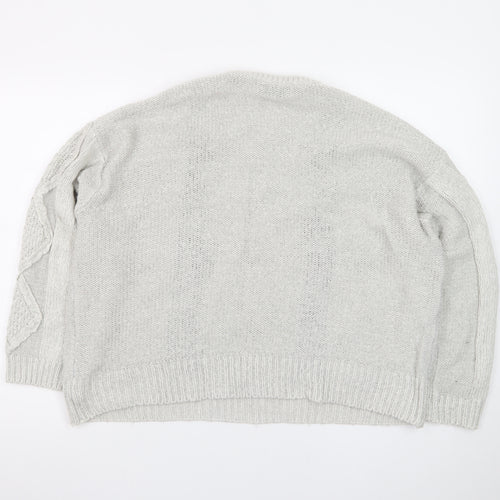 Pull&Bear Women’s Beige Cable-Knit Pullover Jumper Size L Embroidered Floral Autumn