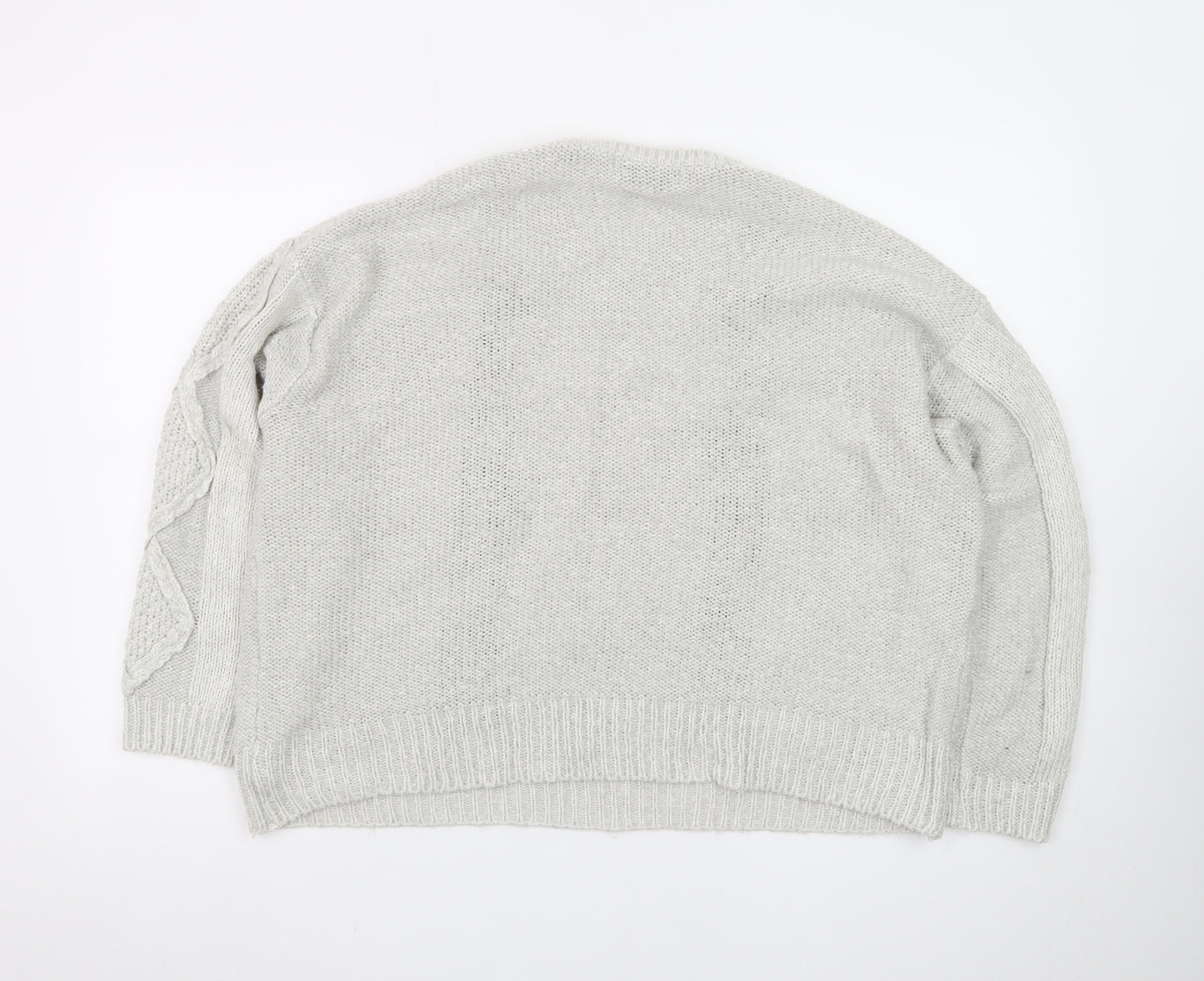Pull&Bear Women’s Beige Cable-Knit Pullover Jumper Size L Embroidered Floral Autumn