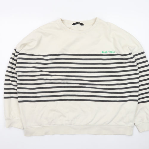 F&F Womens Ivory Striped Pullover Sweatshirt UK 16 Good Vibes Graphic
