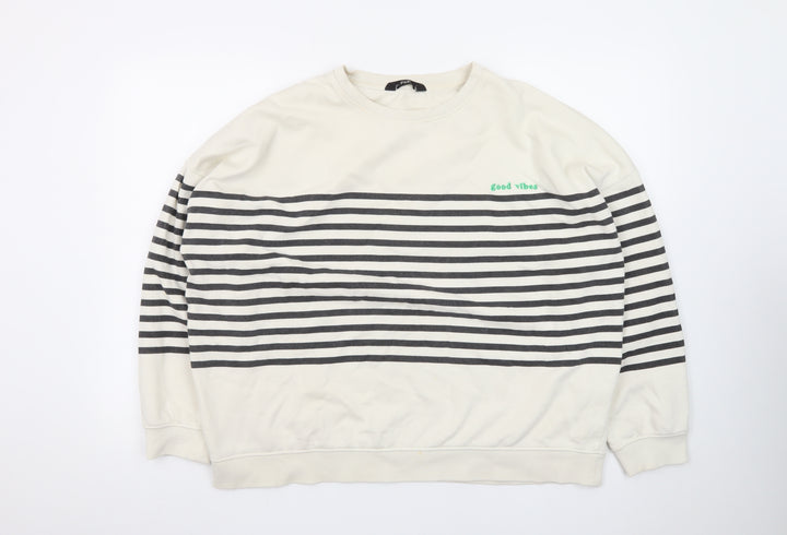 F&F Womens Ivory Striped Pullover Sweatshirt UK 16 Good Vibes Graphic