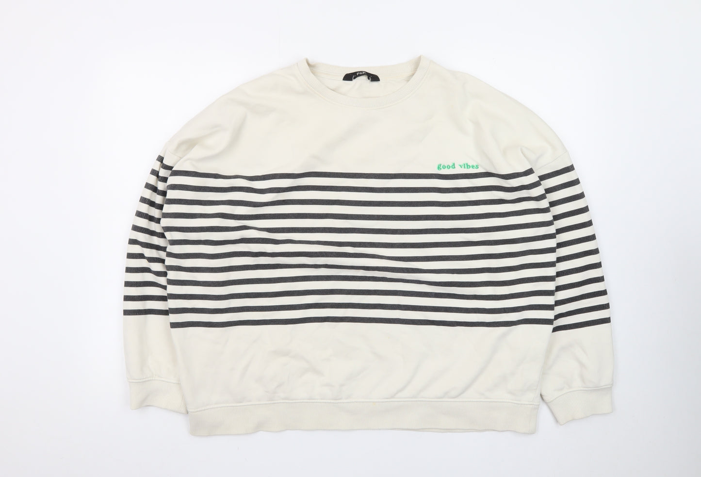 F&F Womens Ivory Striped Pullover Sweatshirt UK 16 Good Vibes Graphic