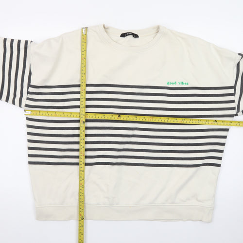 F&F Womens Ivory Striped Pullover Sweatshirt UK 16 Good Vibes Graphic