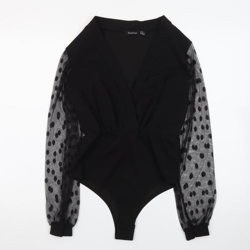 Boohoo Women Black Size 10 Wrap Mesh Polka Dot Long Sleeve Bodysuit