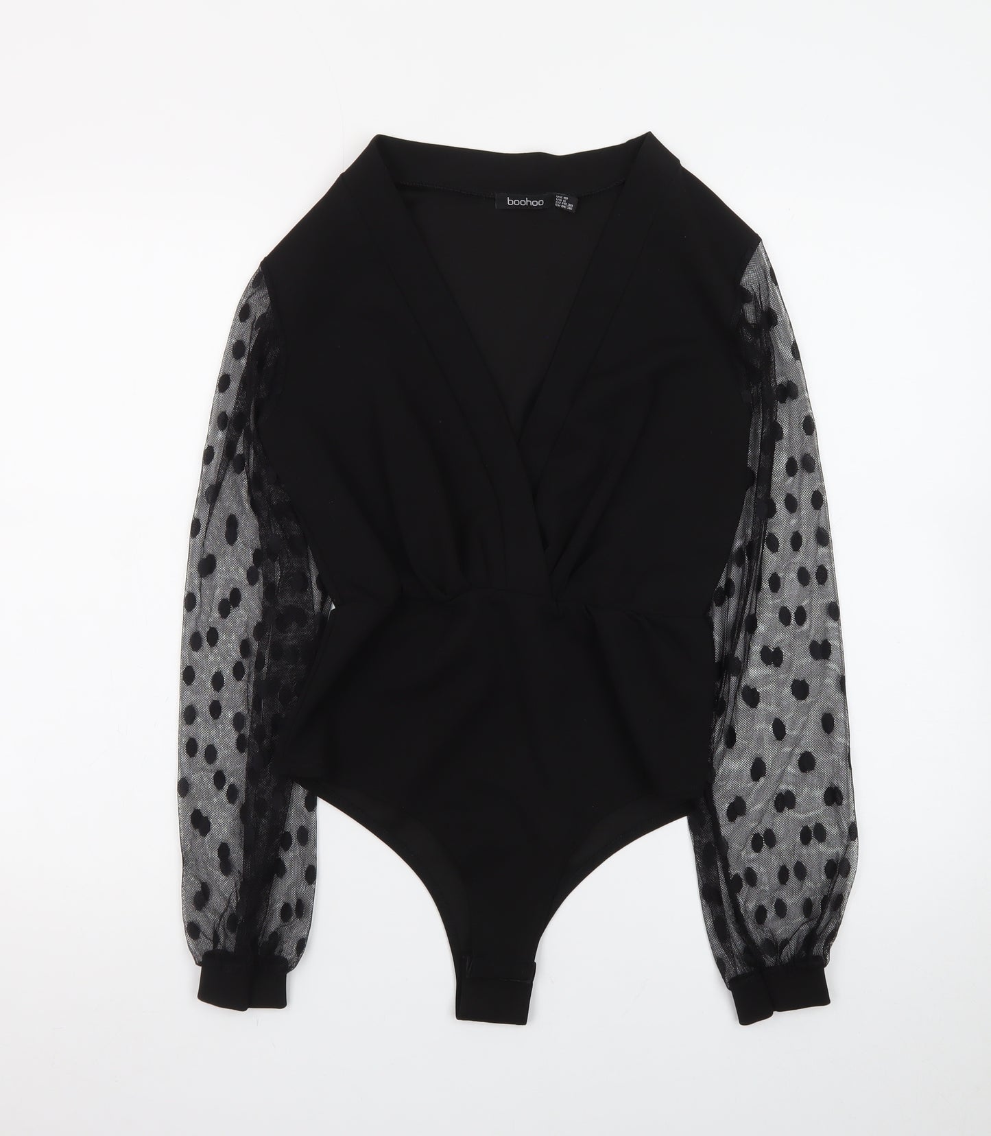Boohoo Women Black Size 10 Wrap Mesh Polka Dot Long Sleeve Bodysuit
