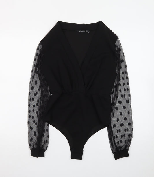Boohoo Women Black Size 10 Wrap Mesh Polka Dot Long Sleeve Bodysuit