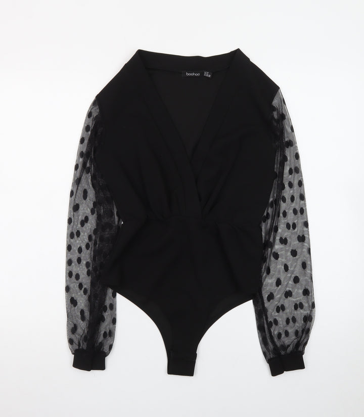 Boohoo Women Black Size 10 Wrap Mesh Polka Dot Long Sleeve Bodysuit