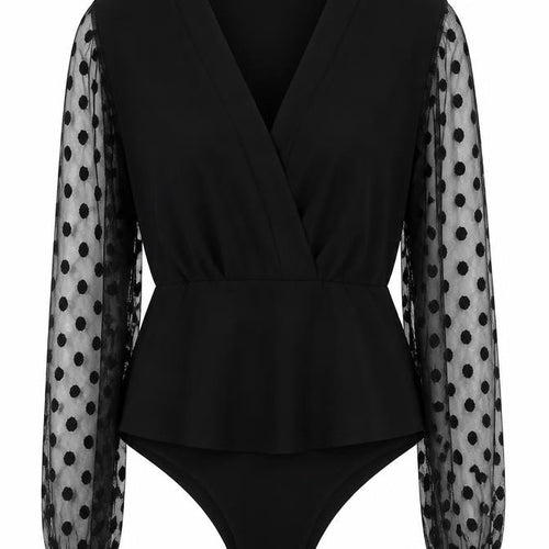 Boohoo Women Black Size 10 Wrap Mesh Polka Dot Long Sleeve Bodysuit
