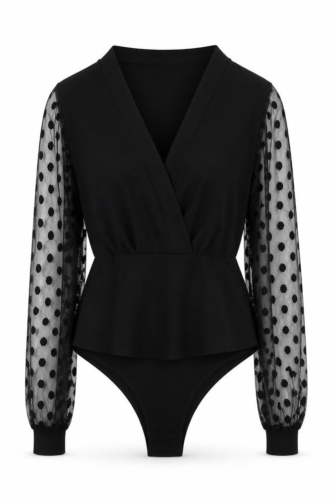 Boohoo Women Black Size 10 Wrap Mesh Polka Dot Long Sleeve Bodysuit