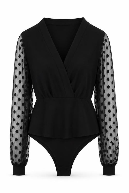 Front view of Boohoo Women Black, size 10, Wrap Mesh Polka Dot Long Sleeve Bodysuit