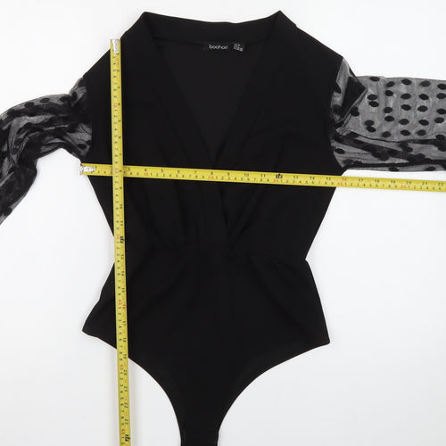 Boohoo Women Black Size 10 Wrap Mesh Polka Dot Long Sleeve Bodysuit