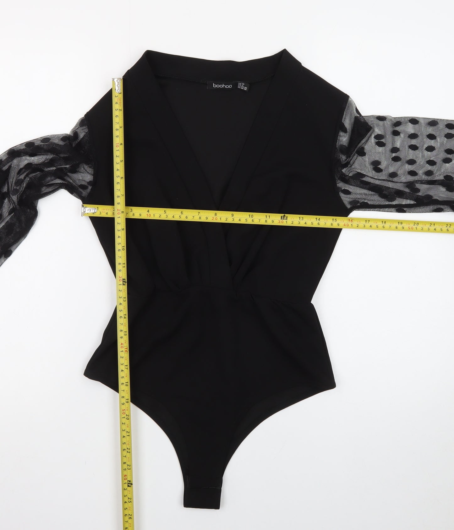Boohoo Women Black Size 10 Wrap Mesh Polka Dot Long Sleeve Bodysuit