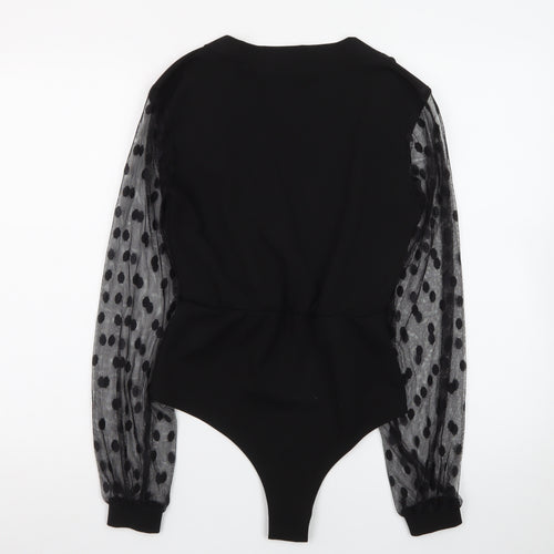 Boohoo Women Black Size 10 Wrap Mesh Polka Dot Long Sleeve Bodysuit