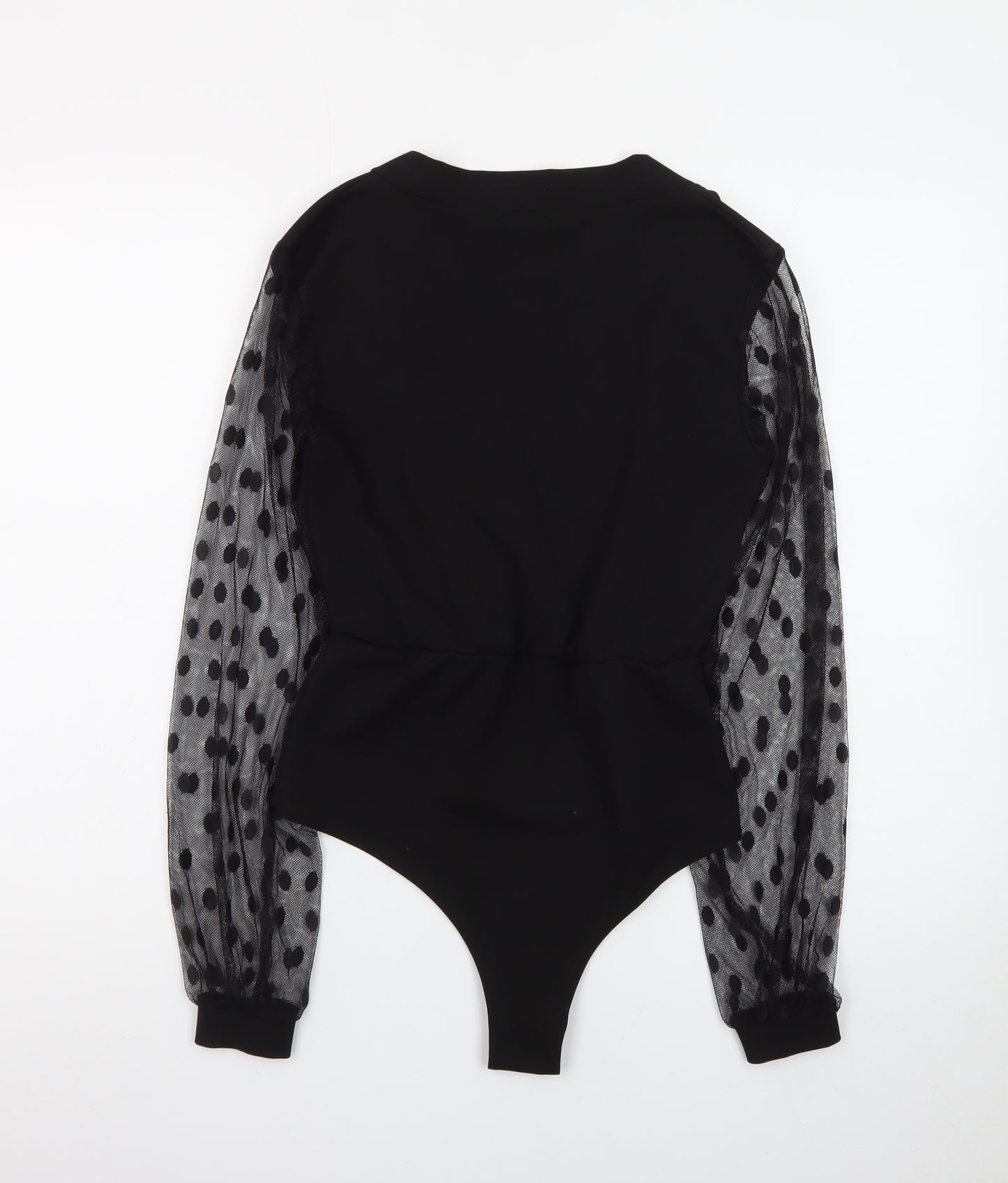 Boohoo Women Black Size 10 Wrap Mesh Polka Dot Long Sleeve Bodysuit